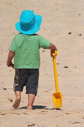 Framed Little Boy and Spade on Beach, Gold Coast, Queensland, Australia Print