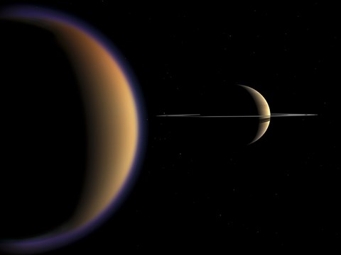 Framed Artist&#39;s concept of Saturn and its Moon Titan Print