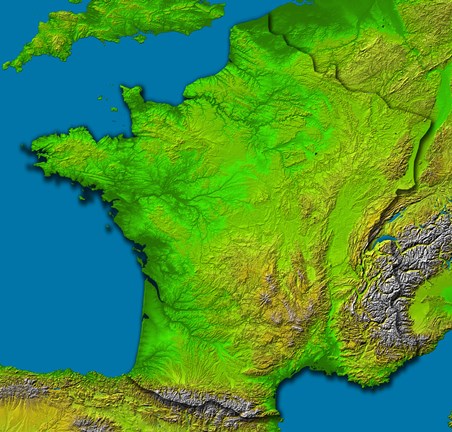 Framed Topographic Image of France Showing Shaded Relief and Colored Height Print