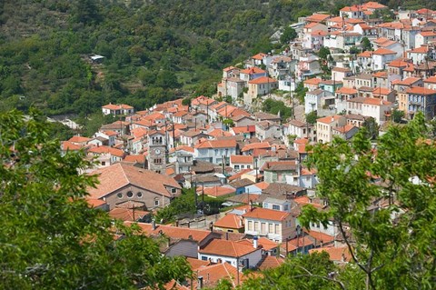 Framed Hillside Town View, Agiasos, Lesvos, Mytilini, Aegean Islands, Greece Print