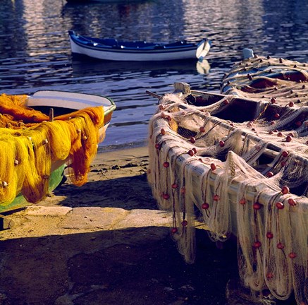 Framed Greece, Mykonos Fishing Nets on Boats Print