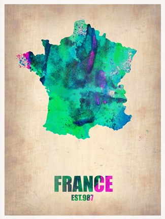 Framed France Watercolor Map Print