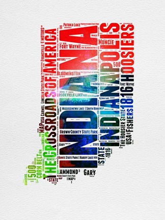 Framed Indiana Watercolor Word Cloud Print