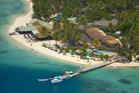 Framed Aerial View of Plantation Island Resort, Malolo Lailai Island, Fiji Print