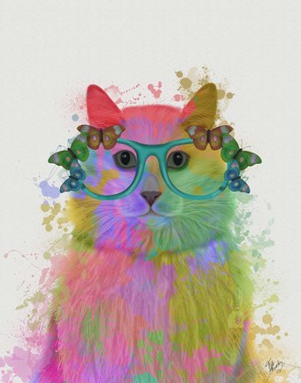 Framed Rainbow Splash Cat 3, Portrait Print