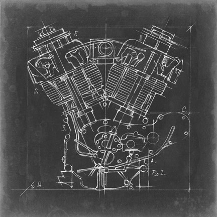 Framed Motorcycle Engine Blueprint I Print