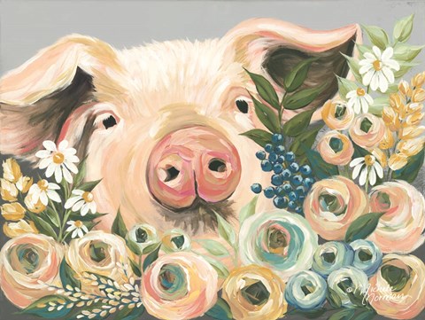 Framed Pig in the Flower Garden Print