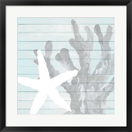 Framed Starfish on Blue Wood Print