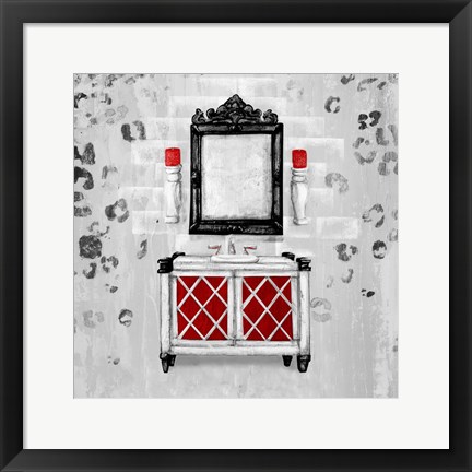 Framed Red Antique Mirrored Bath Square I Print