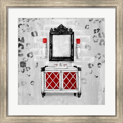 Framed Red Antique Mirrored Bath Square I Print