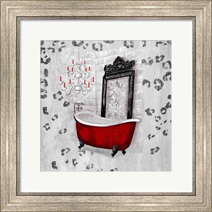 Framed Red Antique Mirrored Bath Square II Print