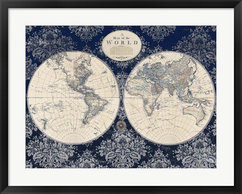 Framed Blue Map of the World Print