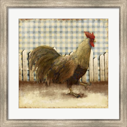 Framed Rooster on Damask I Print