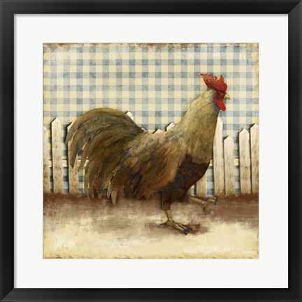 Framed Rooster on Damask I Print