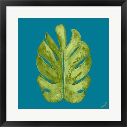 Framed Leaf On Teal I Print