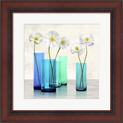 Framed Poppies in crystal vases (Aqua I) Print