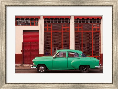 Framed Cuba, Havana Green Car, Red Building On The Streets Print