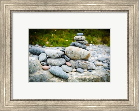 Framed Stacked Rocks On Sand Dollar Beach Print