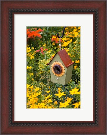 Framed Sunflower Birdhouse In Garden Print