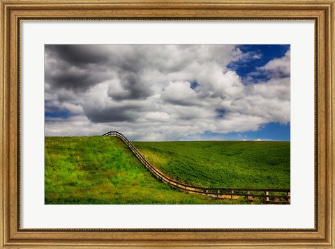 Framed Long Fence Running Through A Wheat Field Print