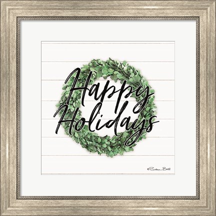 Framed Happy Holidays Boxwood Wreath Print