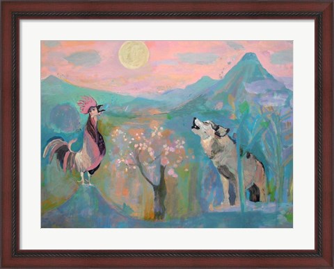 Framed Wolf and the Rooster Sing by Moonlight Print