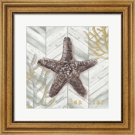 Framed Gray Gold Chevron Star Fish Print