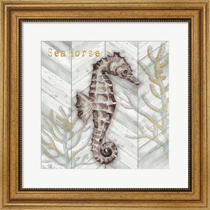 Framed Gray Gold Chevron Seahorse Print