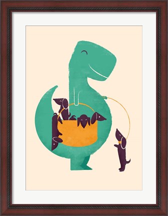 Framed TRex and the Basketful of Wiener Dogs Print