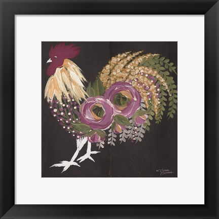 Framed Floral Rooster on Black Print