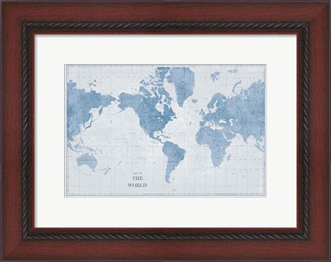 Framed World Map White and Blue Print