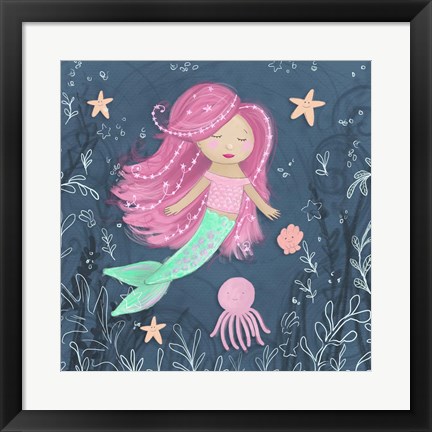Framed Mermaid and Octopus Navy I Print