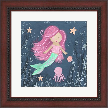 Framed Mermaid and Octopus Navy I Print