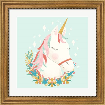 Framed Unicorns and Flowers I Print