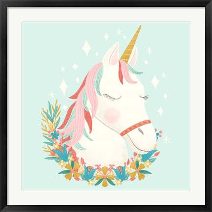 Framed Unicorns and Flowers I Print