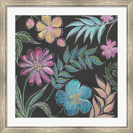 Framed Boho Florals on Black I Print