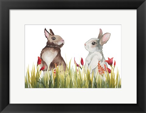 Framed Bunnies Among the Flowers I Print