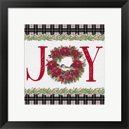 Framed Chickadee Christmas Red I Joy Print