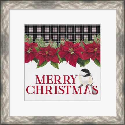 Framed Chickadee Christmas Red II Merry Christmas Print