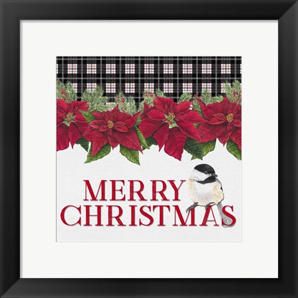 Framed Chickadee Christmas Red II Merry Christmas Print