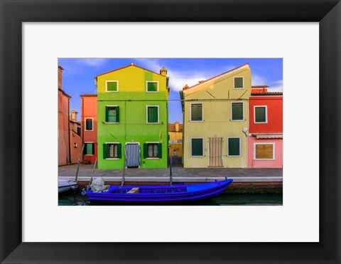 Framed Italy, Burano Colorful House Walls And Boat In Canal Print