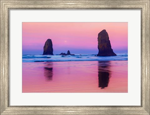 Framed Oregon, Bandon Sunrise On Beach Sea Stacks Print