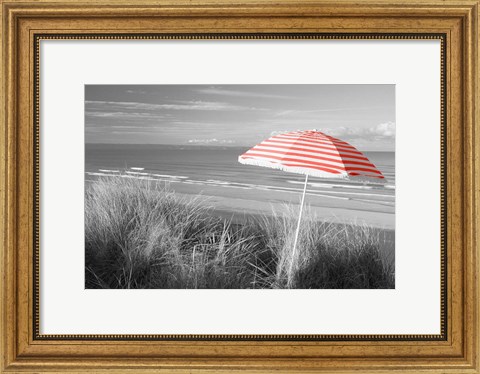 Framed Beach Umbrella On The Beach, Saunton, North Devon, England Print