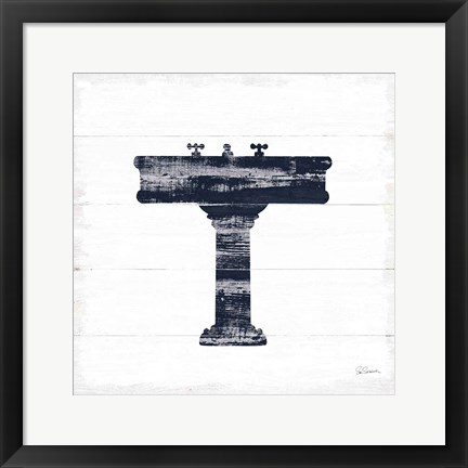 Framed Shiplap Bath II Navy Print