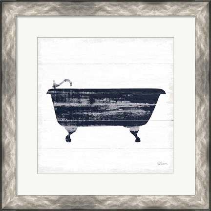 Framed Shiplap Bath I Navy Print