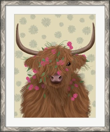 Framed Highland Cow 1, Pink Flowers Print