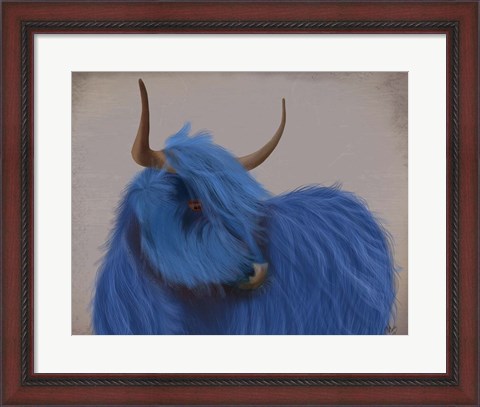 Framed Highland Cow 2, Blue, Portrait Print