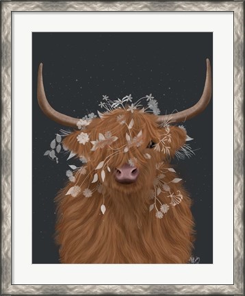 Framed Highland Cow 1, White Flowers Print