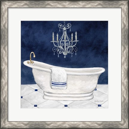 Framed Navy Blue Bath I Print