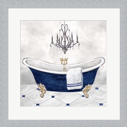 Framed Navy Blue Bath II Print